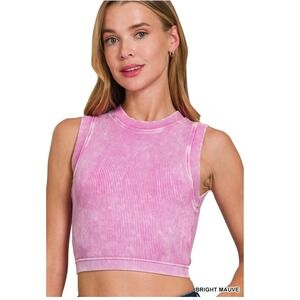 Zenana Bright Mauve Ribbed Seamless Crop Top with Bra Pads‎ L/XL
